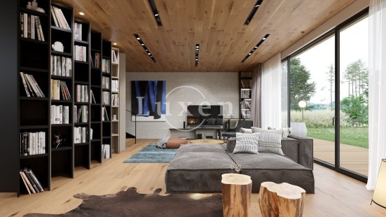 obyvaci pokoj s knihovnou